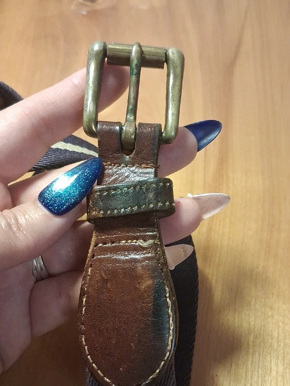 Dooney And Bourke Women Navy and Tan Striped Canvas Belt with Brown Leather Trim